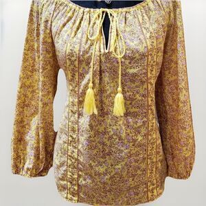 Max Studio Top Womens Size L Colorful Floral Boho Peasant 3/4 Sleeve Cottage